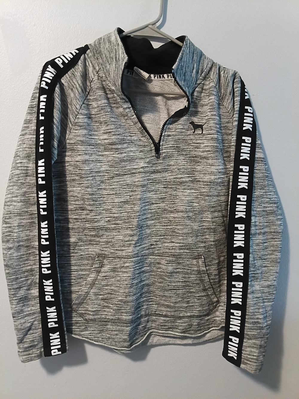 PINK Victoria's Secret Gray Marled Quarter-Zip Pullover with Black Logo Tape